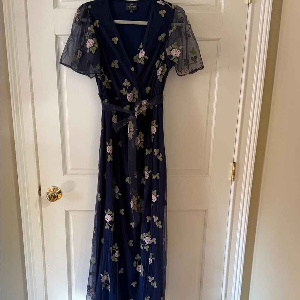 Adrianna Papell Navy Maxi Dress with Pink & Green Floral Embroidery - Picture 3 of 5